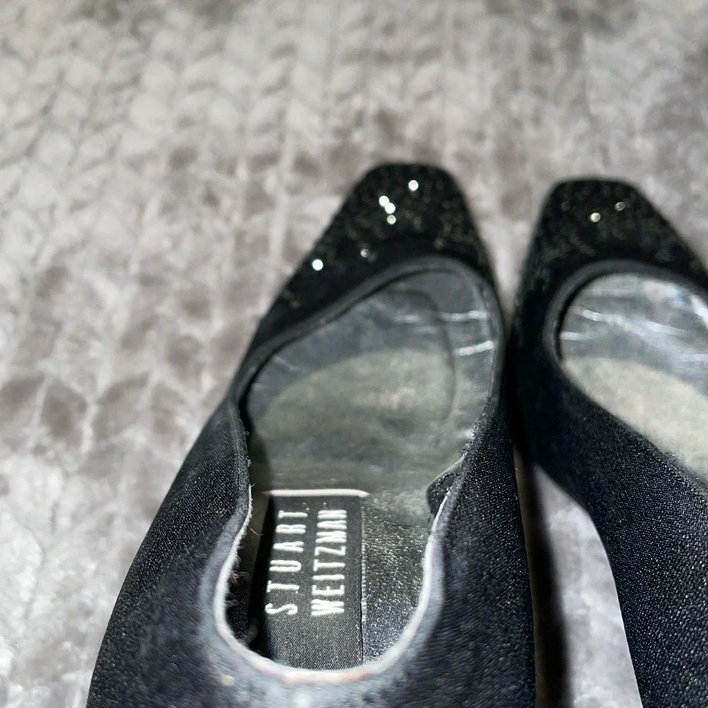 STUART WEITZMAN Black Satin Rhinestone Accents Heels Pumps‎ Sz 6.5.